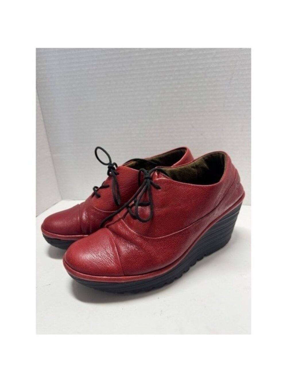 Fly London Red Pebbled Leather Wedge Oxford Lace Up Shoes P500372006 Size 38 7.5